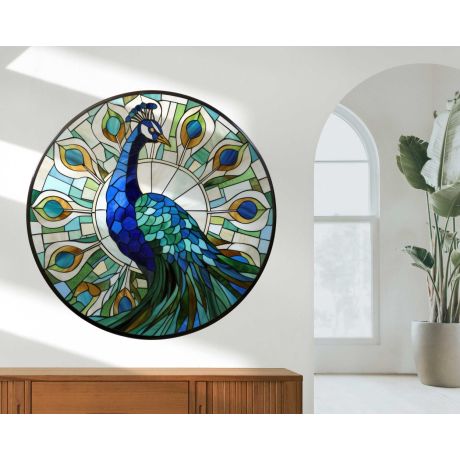 Best Beautiful Round Faux Stained Glass Peacock Design Wall Sticker for Bedroom Decor