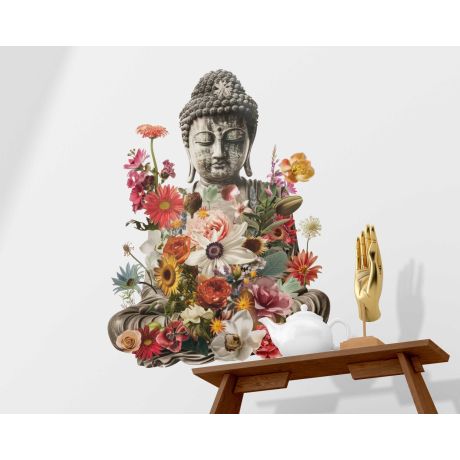 Buddha Statue and Flowers on Background Wall Stickers for Living Room Decor