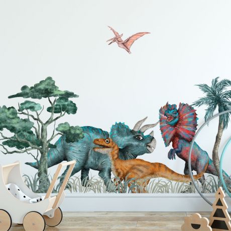 Nursery Kids Room Dinosaur Scenery Wall Stickers, Kids Room Decoration, Children Dino Jurassic Park Wall Decal, Dino Watercolour Vinyl Mural