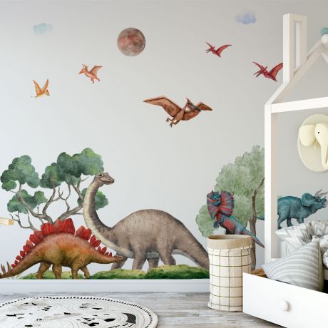 Nursery Kids Room Dinosaur Scenery Wall Stickers, Kids Room Decoration, Children Dino Jurassic Park Wall Decal, Dino Watercolour Vinyl Mural