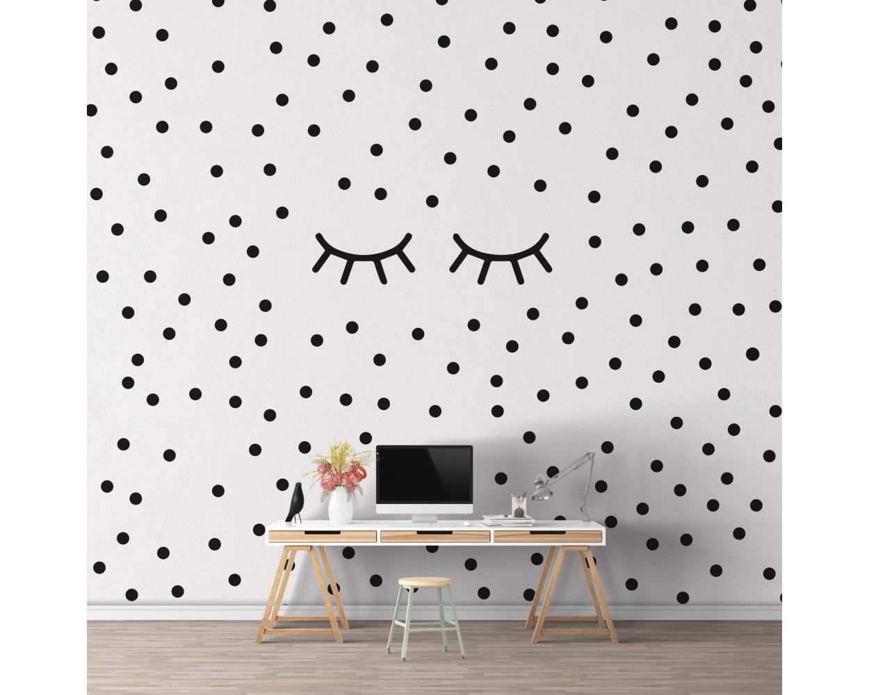 Sleepy Eyelash & Polka dots Pattern Vinyl Wall Stickers For Kids Bedroom Wall Decor 