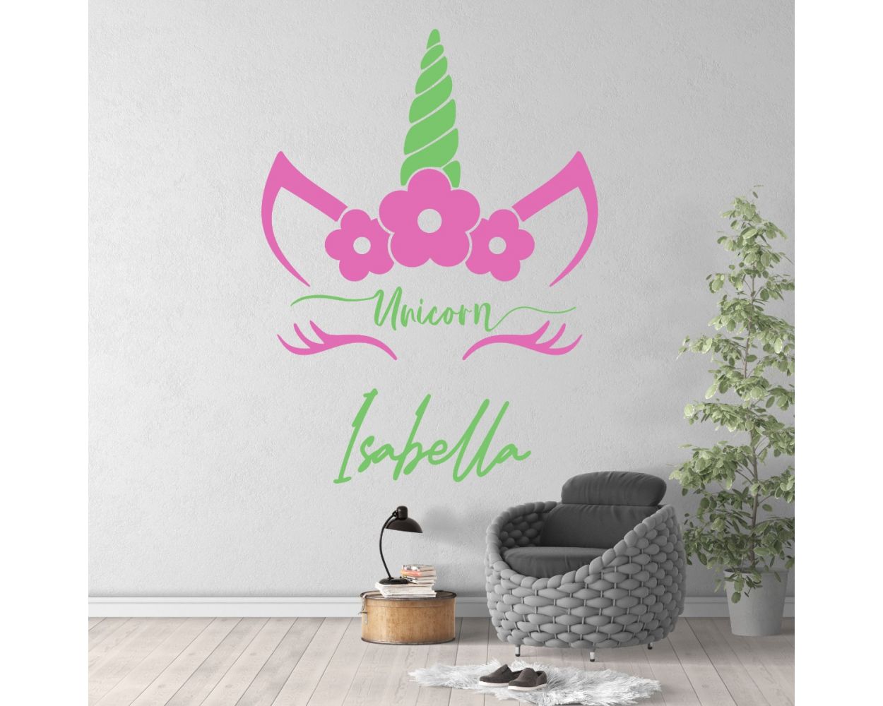 Cute Custom Name and Unicorn Horn with Flower wall Decals for Kids Bedroom Wall Decor