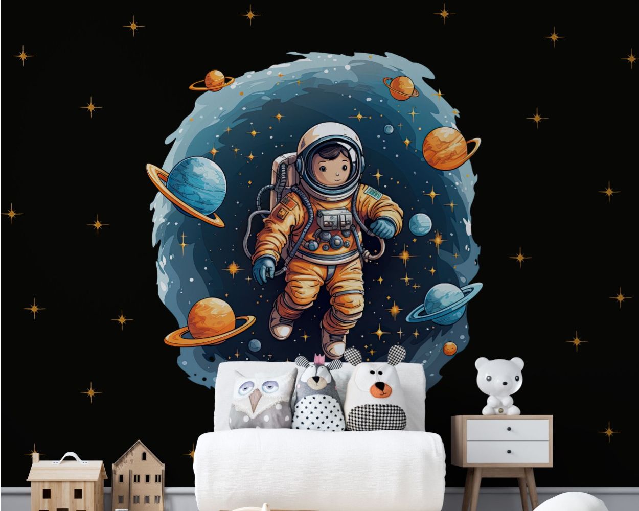 A Cartoon Astronaut in Space with the Planet Wall Decals for Nursery Decor