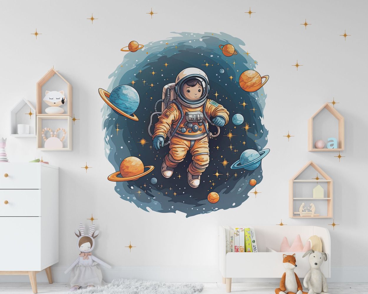 A Cartoon Astronaut in Space with the Planet Wall Stickers for Nursery Decor