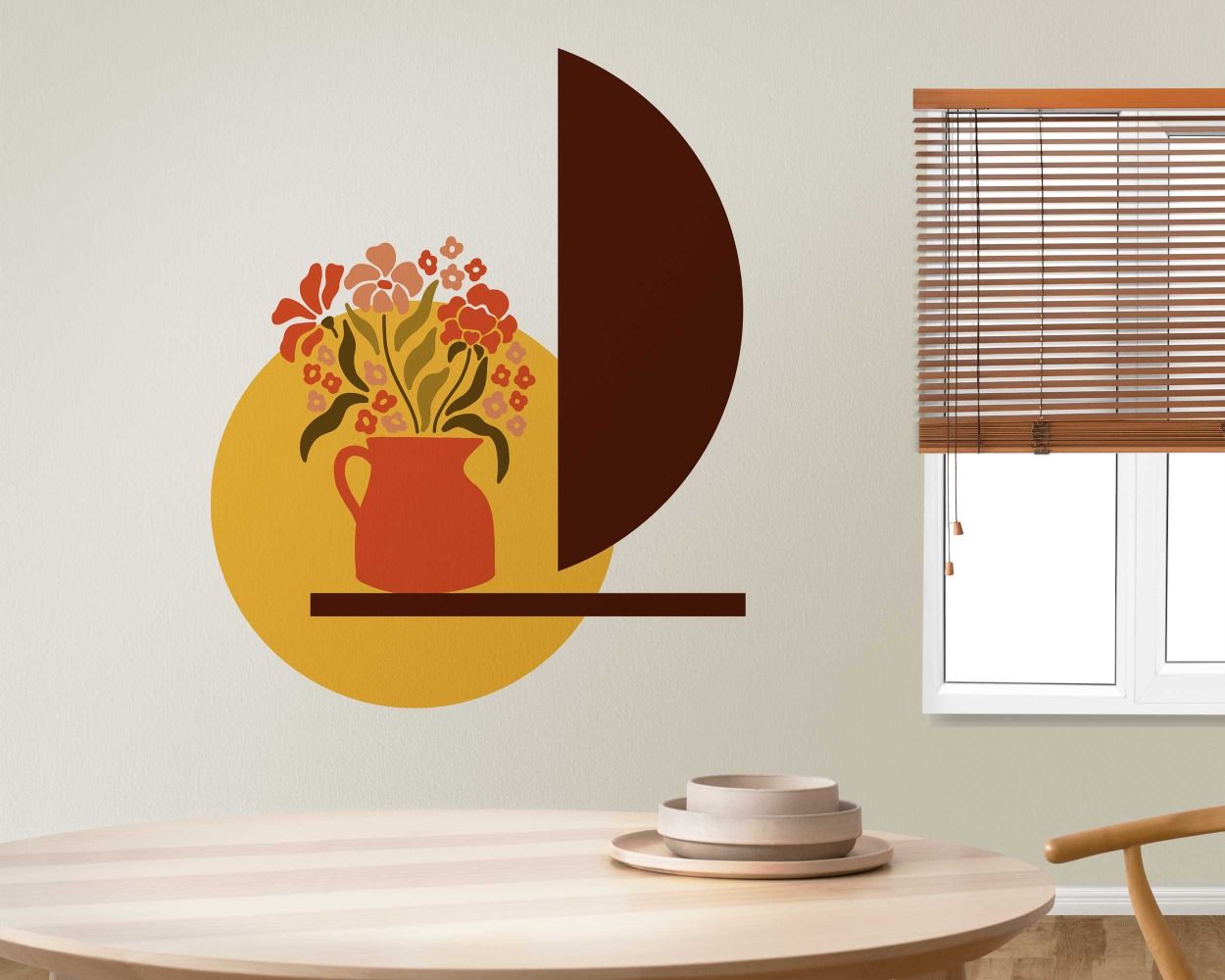 Beautiful Boho Circle, Half Circle, Line And A Flower Vase With Flowers Wall Stickers 