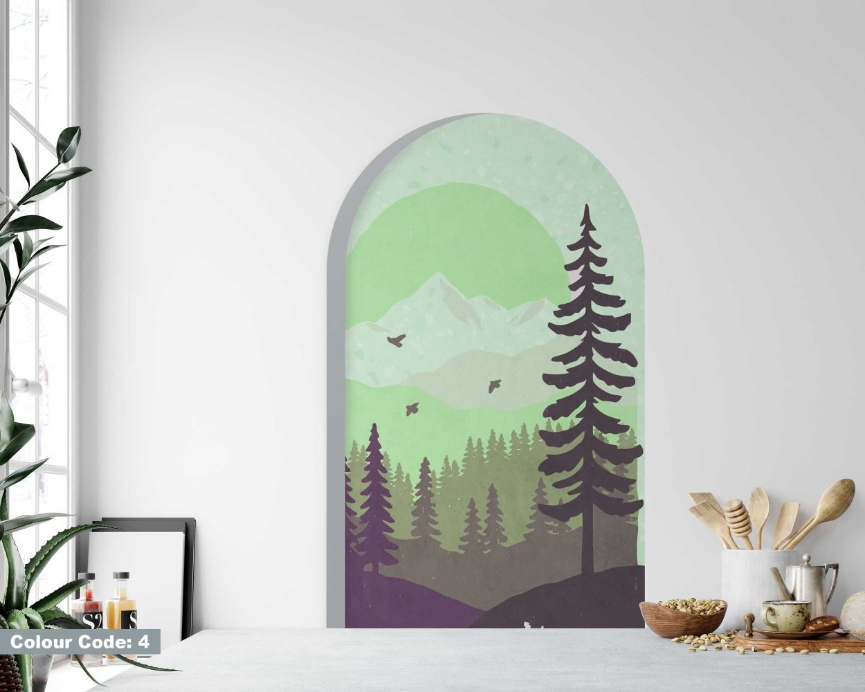 Beautiful Landscape Of Forest And Mountains Arch Wall Decals For Headboard Decor