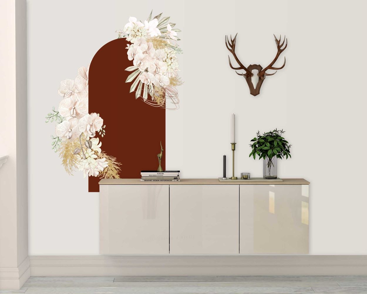 Beautiful Arch With Floral Vinyl Wall Decals For Bedroom Decoration 
