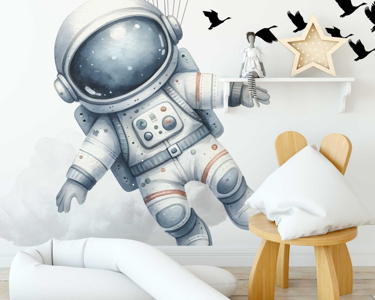 Beautiful Astronaut with Planets Balloon Wall Stickers for Nursery Decor