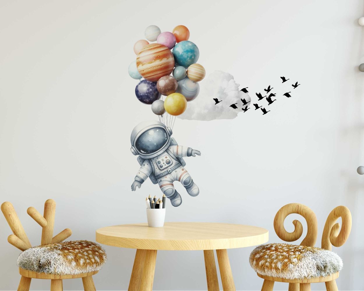 Beautiful Astronaut with Planets Balloon Wall Stickers for Kids Room Decor