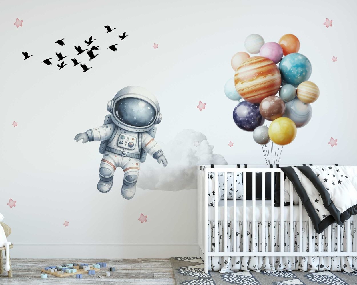 Beautiful Astronaut with Planets Balloon Wall Decals for Kids Room Decor