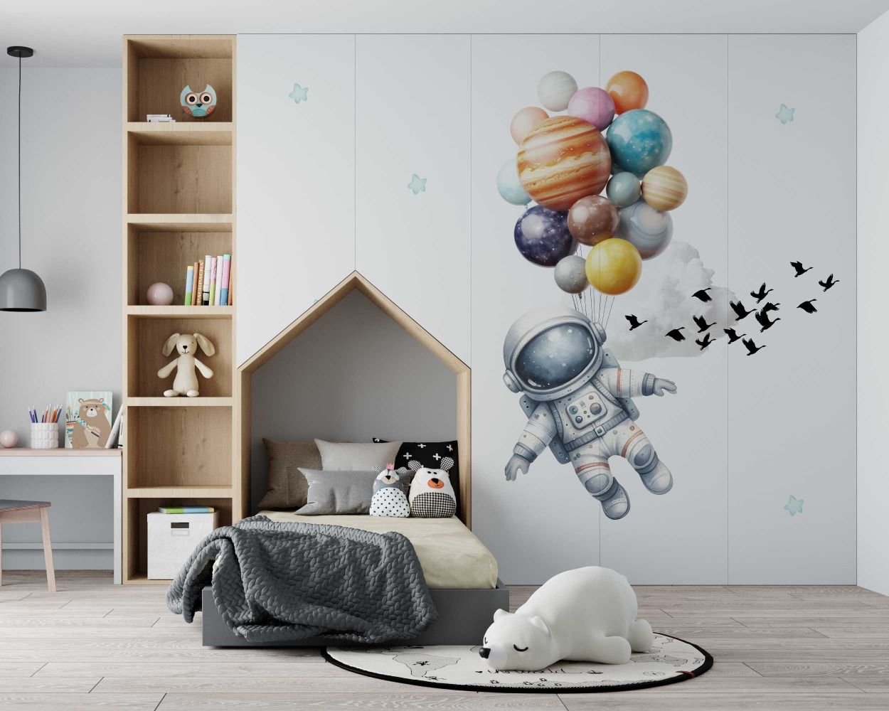 Beautiful Astronaut with Planets Balloon Wall Decals for Nursery Decor