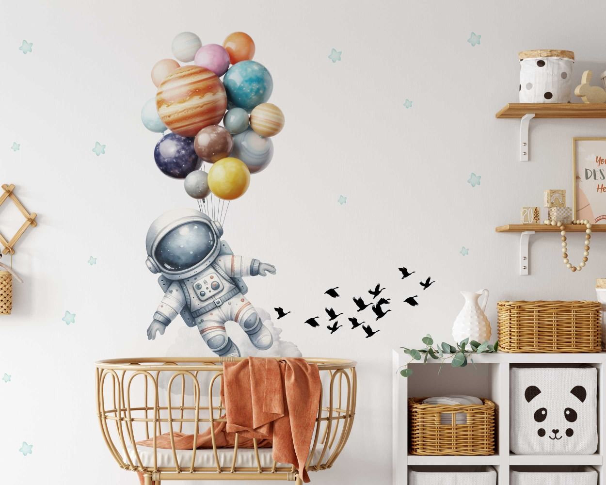 Beautiful Astronaut with Planets Balloon Wall Stickers