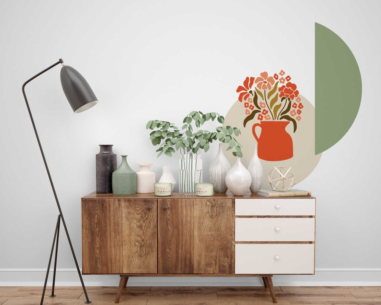 Beautiful Boho Circle, Half Circle, Line And A Flower Vase With Flowers Wall Decals