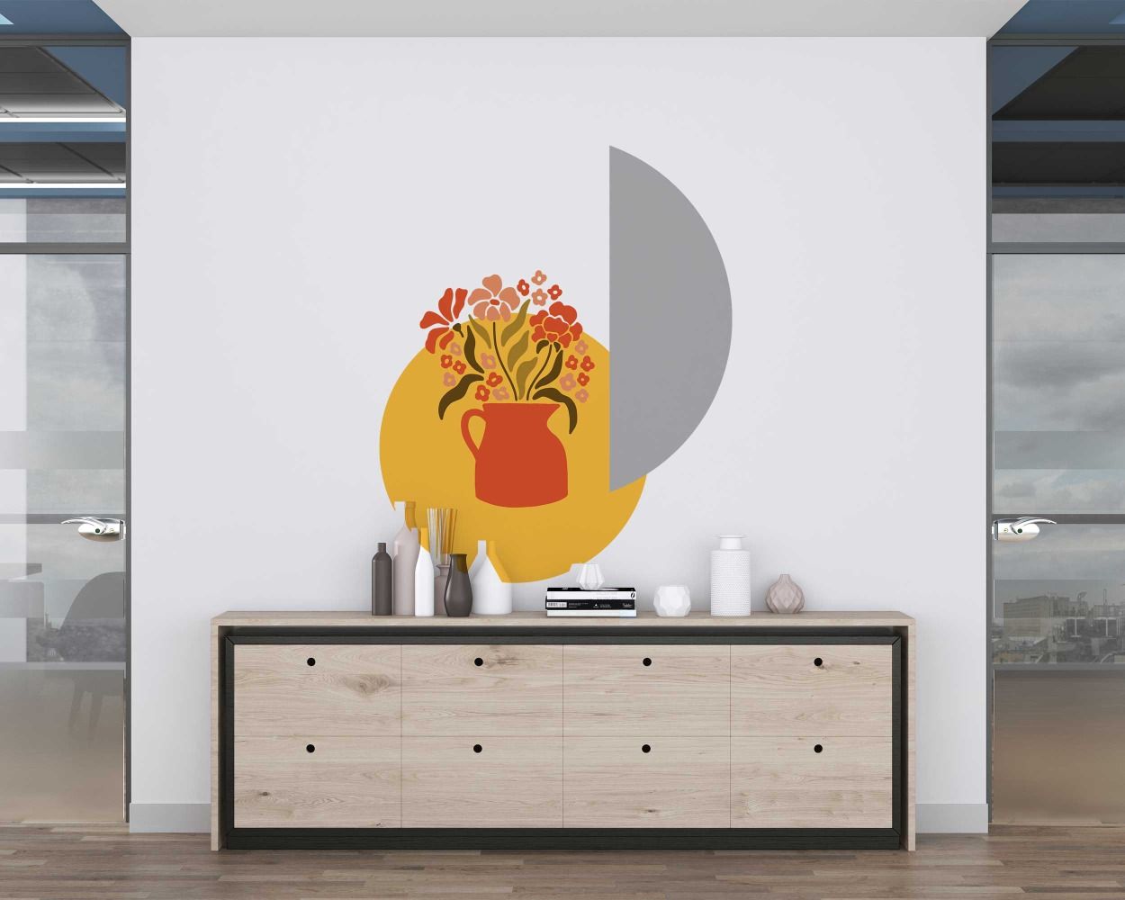 Best Beautiful Boho Circle, Half Circle, Line And A Flower Vase With Flowers Wall Stickers 