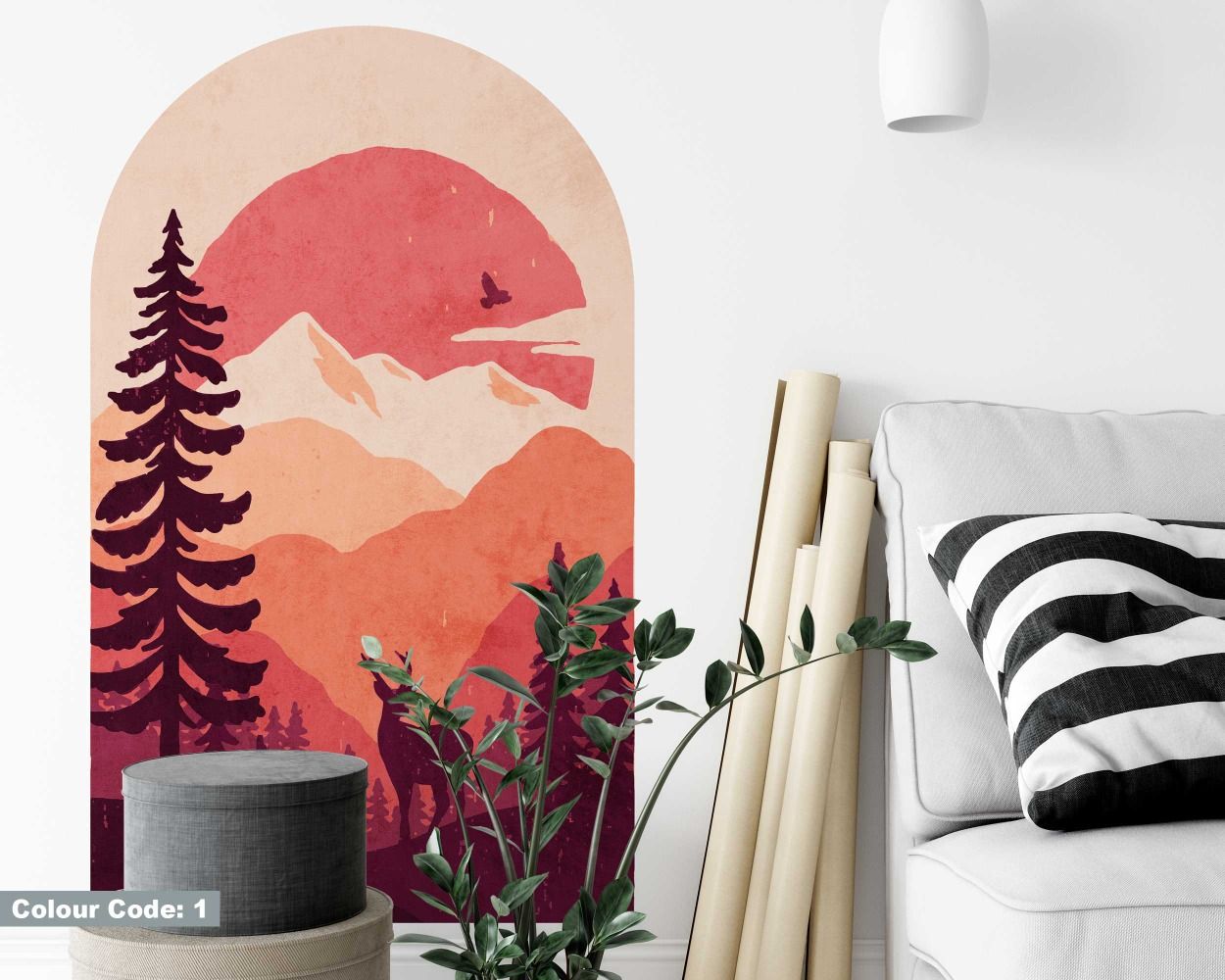 Beautiful Deer In The Forest With Mountain Arch Shape Wall Stickers 