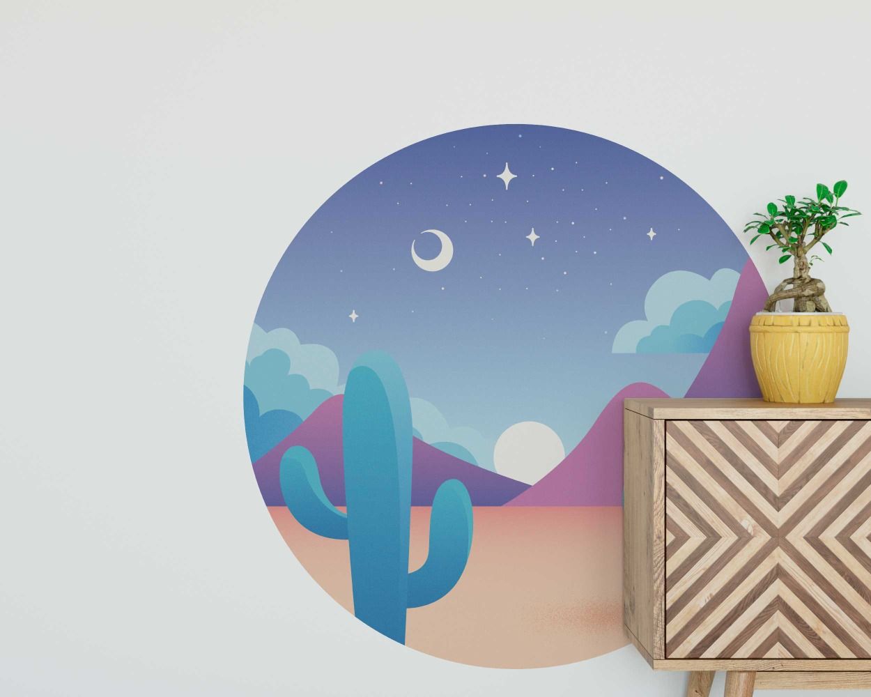 Best Beautiful Desert Mountains Sun And Clouds Cactus Circle Shape Wall Stickers 