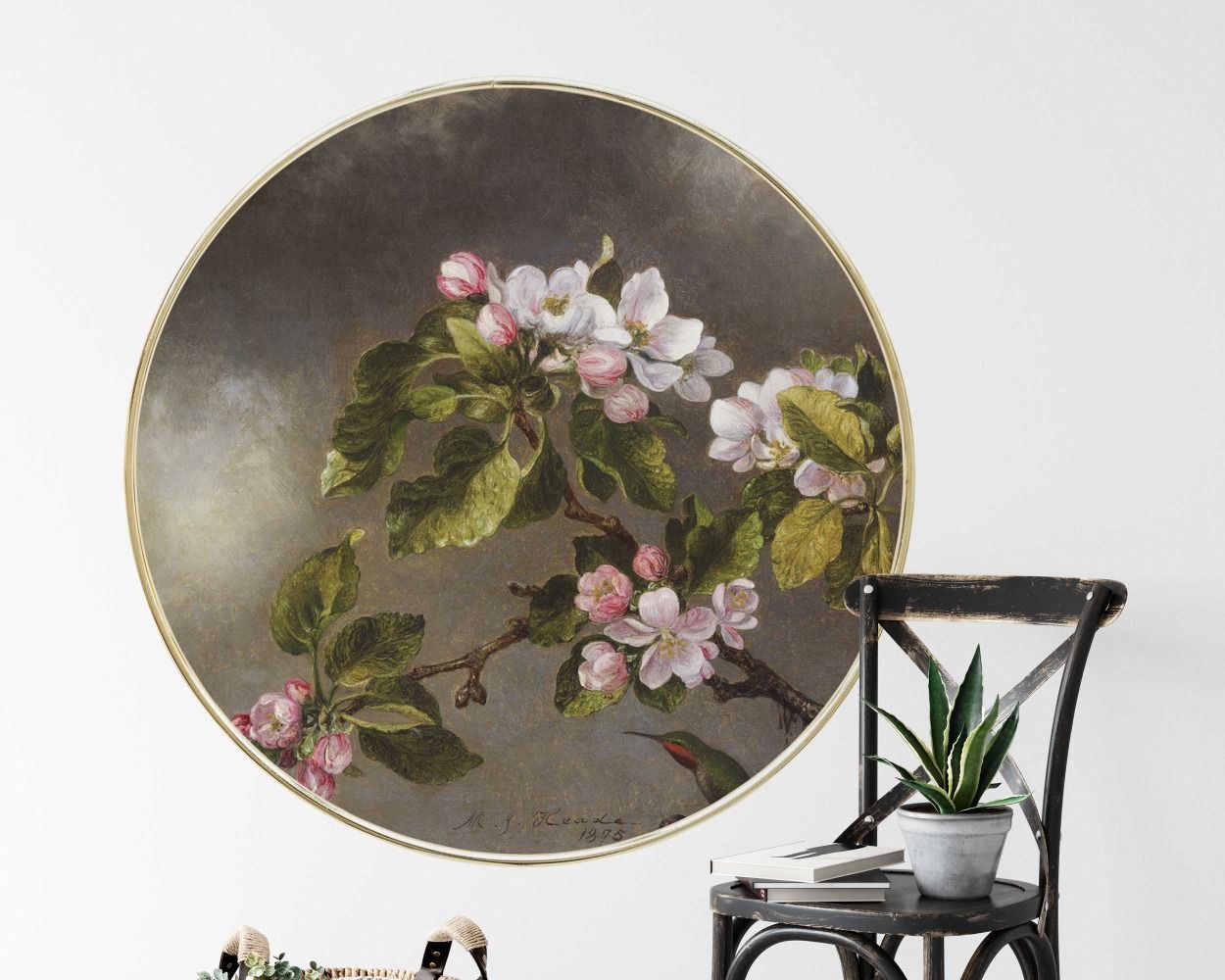 Vintage Peach Blossom Flower Sprigs Circle Wall Stickers for Bedroom Decor
