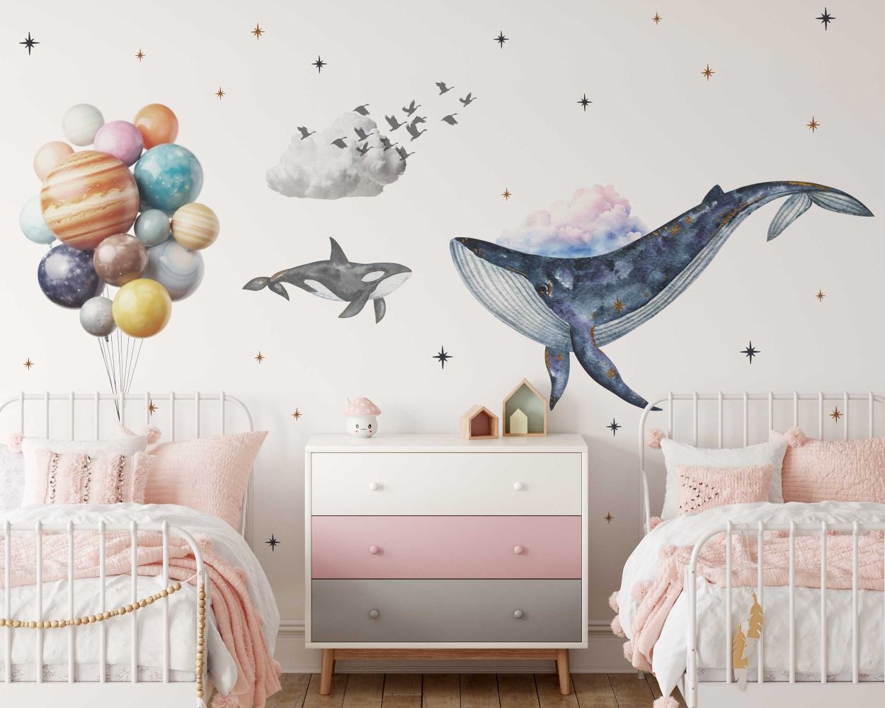Flying Whales with Planets Balloon Wall Decals for Nursery Decor