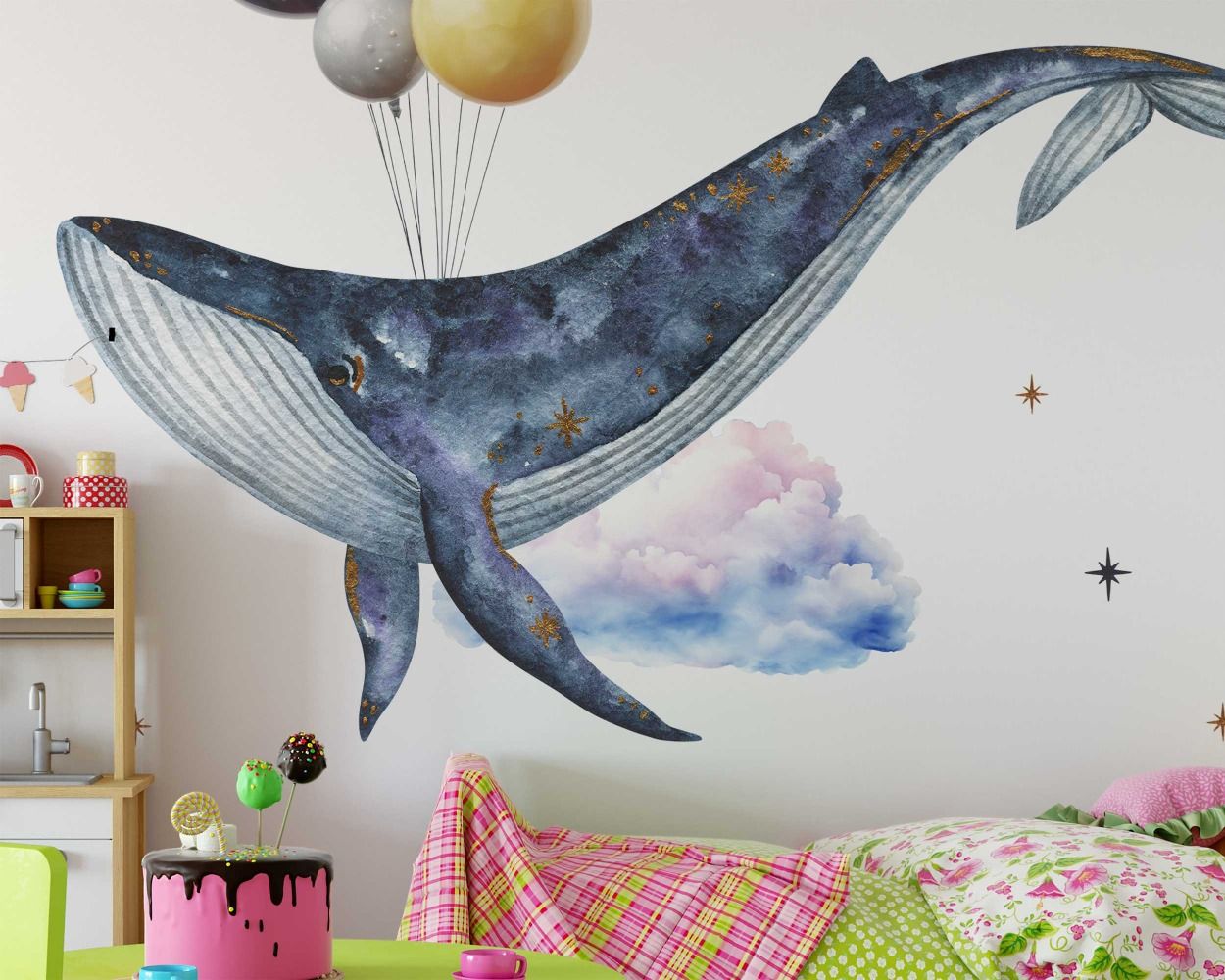 Flying Whales with Planets Balloon Wall Decals