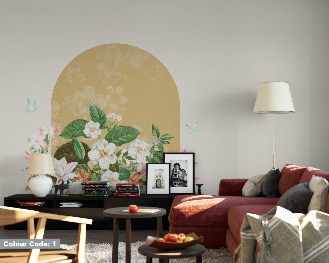 Beautiful Jasmine Flower And Textured Arch Wall Stickers For Bedroom Decor 