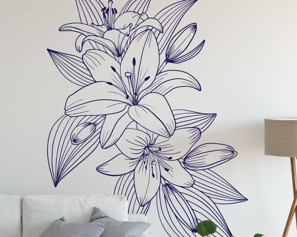 Beautiful Lily Flowers And Leaves Outline Wall Stickers For Bedroom Decor 