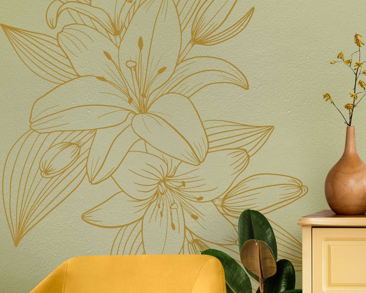 Beautiful Lily Flowers And Leaves Outline Wall Decals For Bedroom Decor 