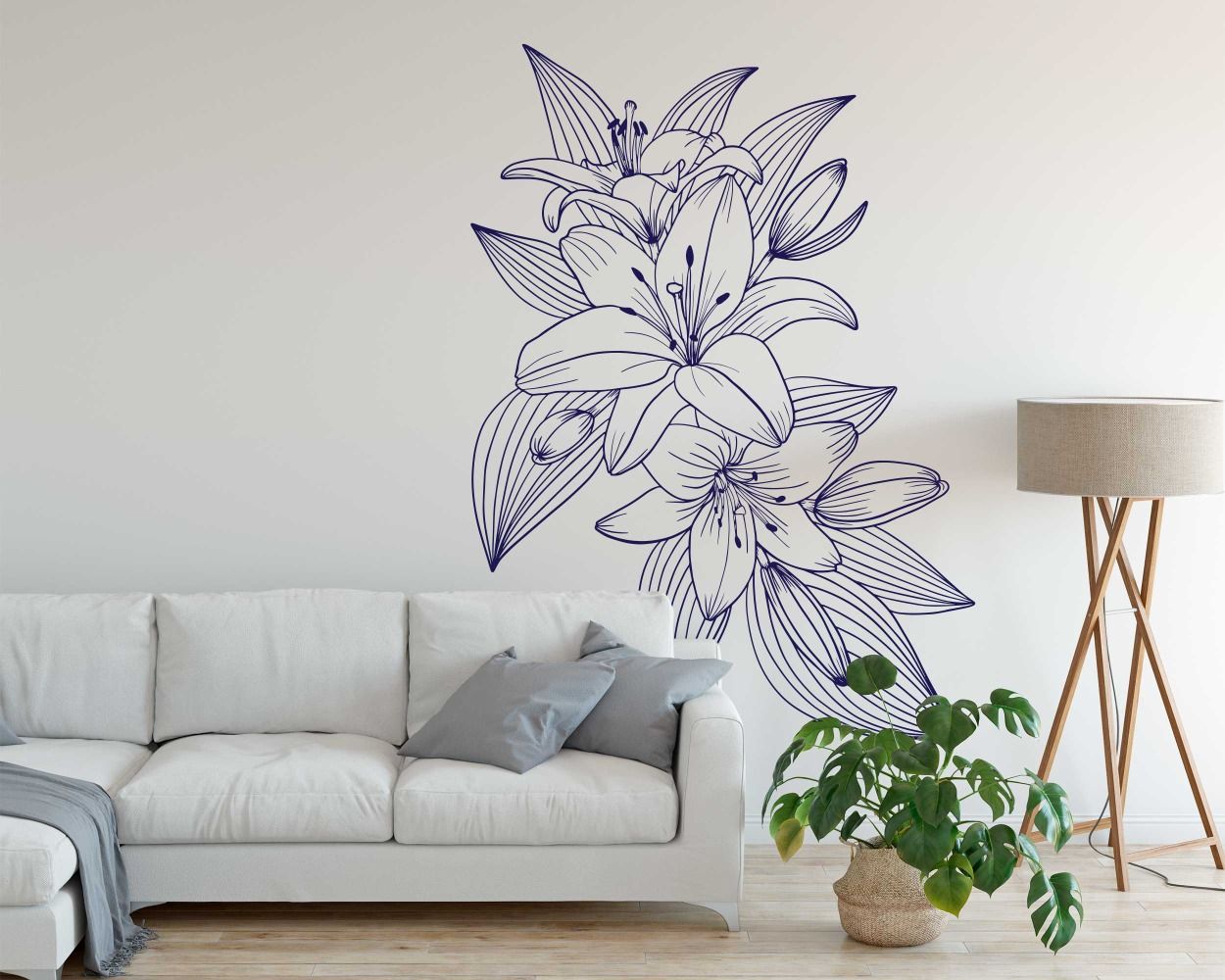 Best Beautiful Lily Flowers And Leaves Outline Wall Stickers For Bedroom Decor 