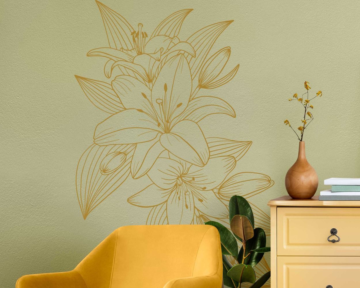 Best Beautiful Lily Flowers And Leaves Outline Wall Decals For Bedroom Decor 