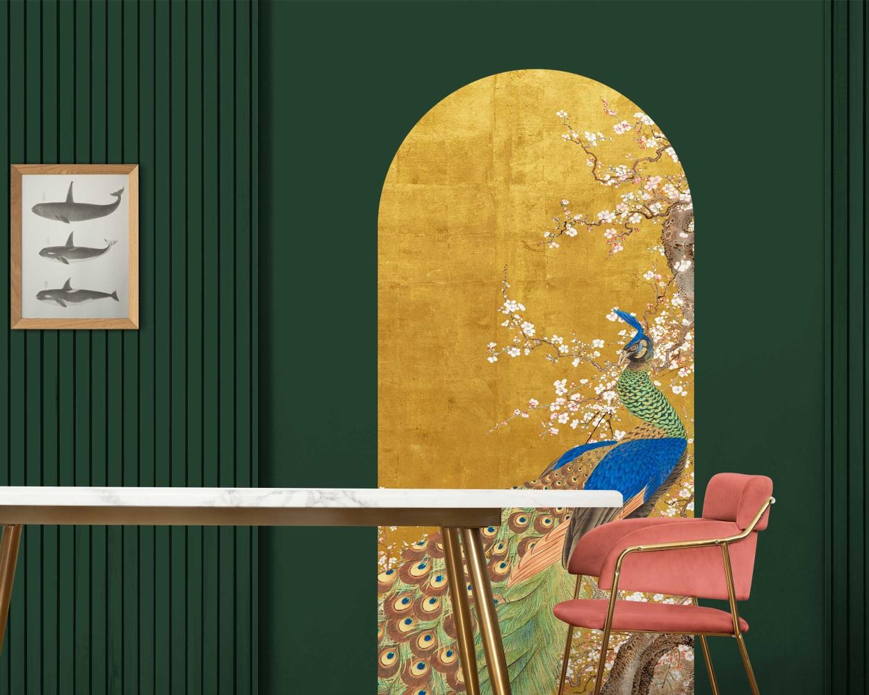Beautiful Peacock And Cherry Blossom Boho Gold Arch Wall Decals