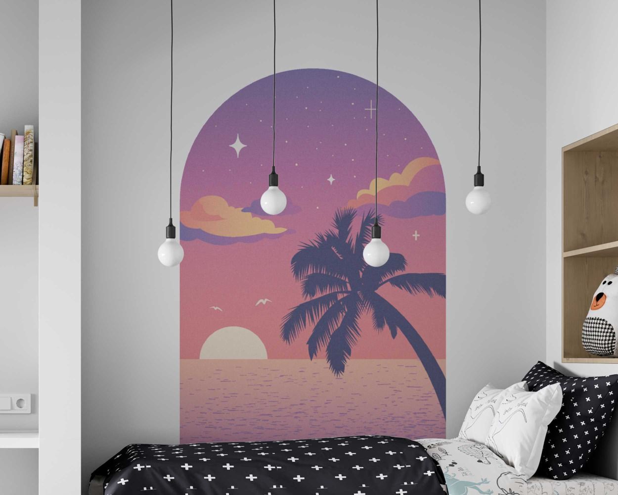 Best Beautiful Pink Purple Sunset With Palm Trees Beach View Arch Shape Wall Stickers 