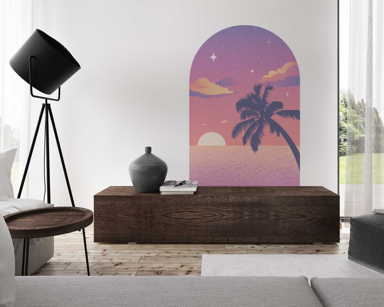 Best Beautiful Pink Purple Sunset With Palm Trees Beach View Arch Shape Wall Decals