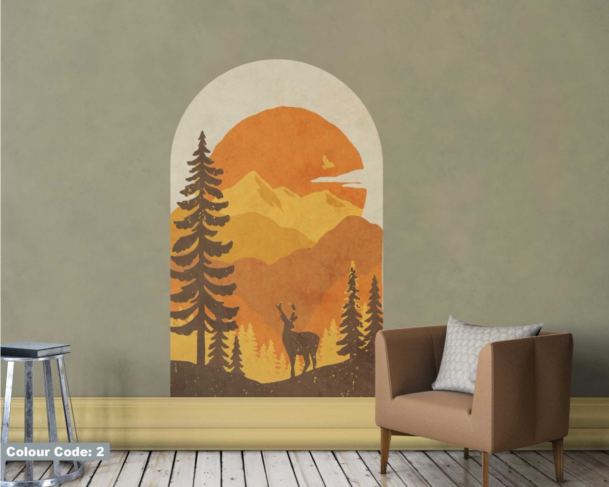 Deer In The Forest With Mountain Arch Shape Wall Decals