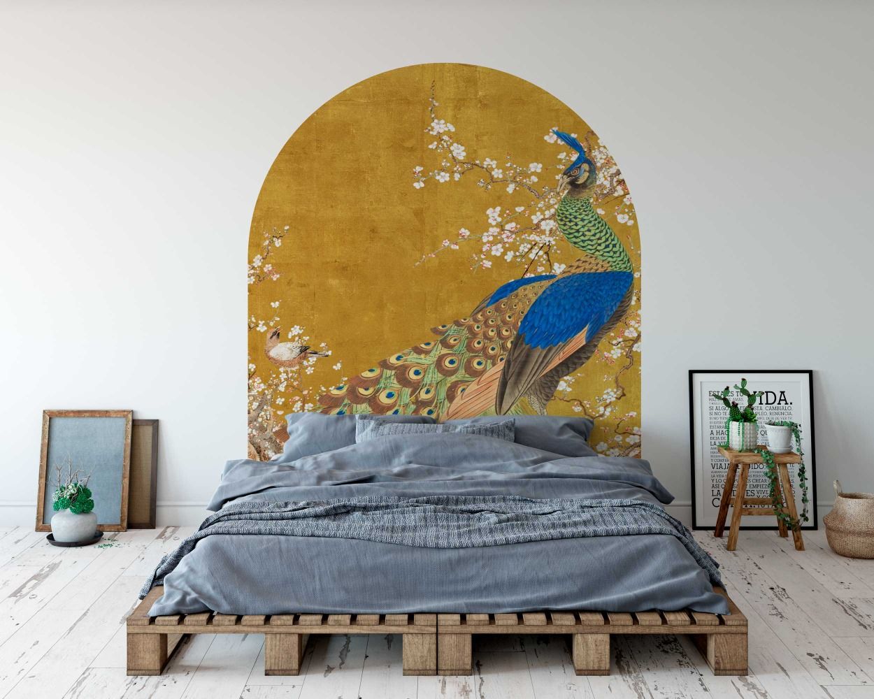 Best Beautiful Peacock And Cherry Blossom Boho Gold Arch Wall Stickers