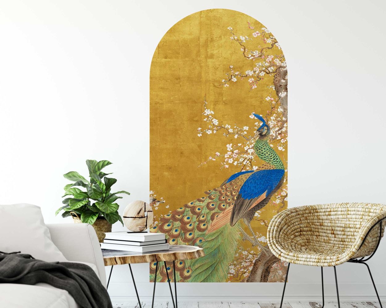 Best Beautiful Peacock And Cherry Blossom Boho Gold Arch Wall Decals