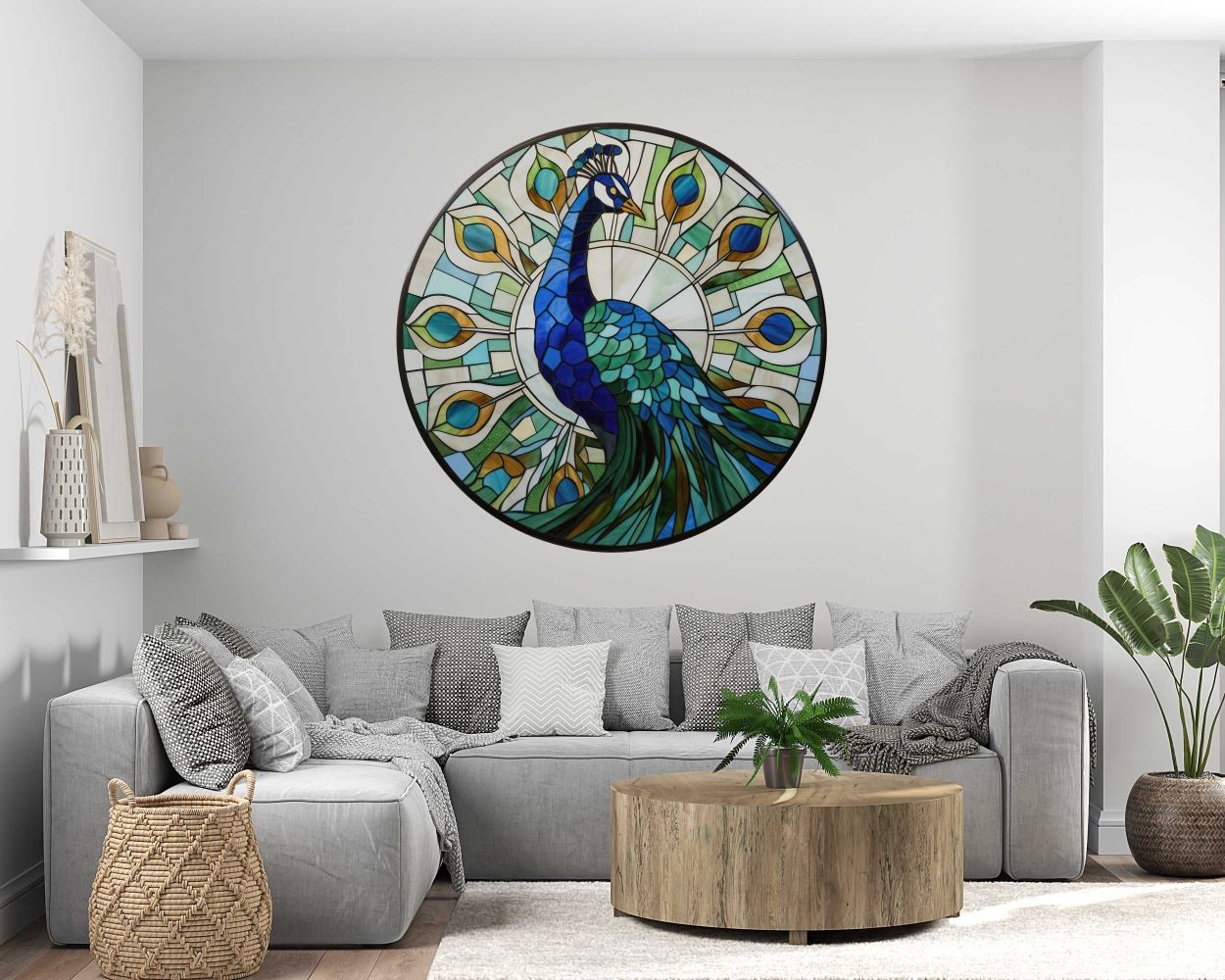 Best Beautiful Round Faux Stained Glass Peacock Design Wall Sticker for Bedroom Decor