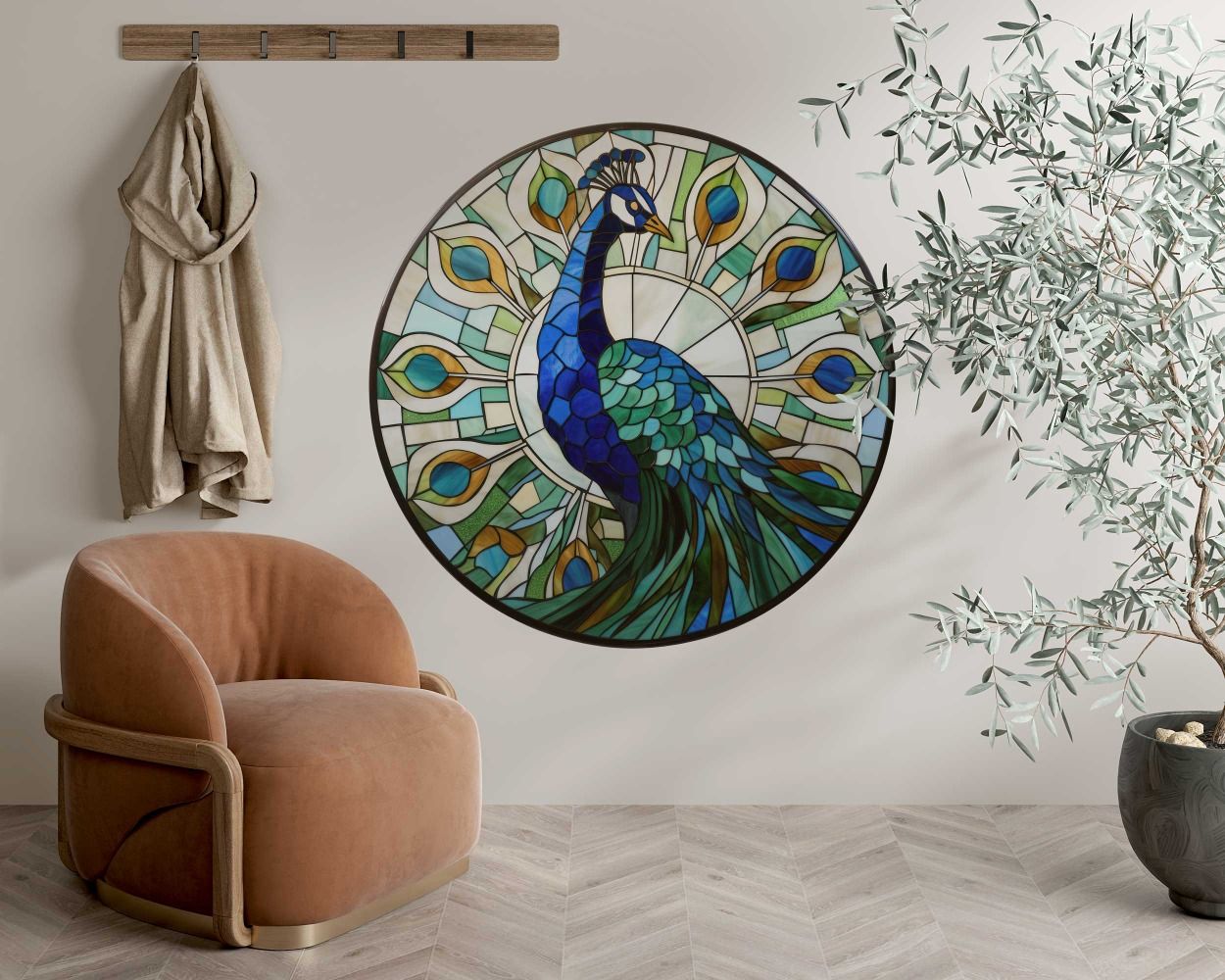 Best Beautiful Round Faux Stained Glass Peacock Design Wall Sticker