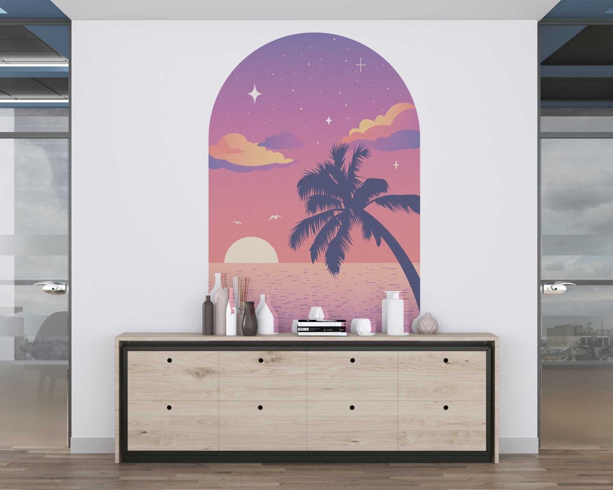 Best Beautiful Pink Purple Sunset With Palm Trees Beach View Wall Stickers 
