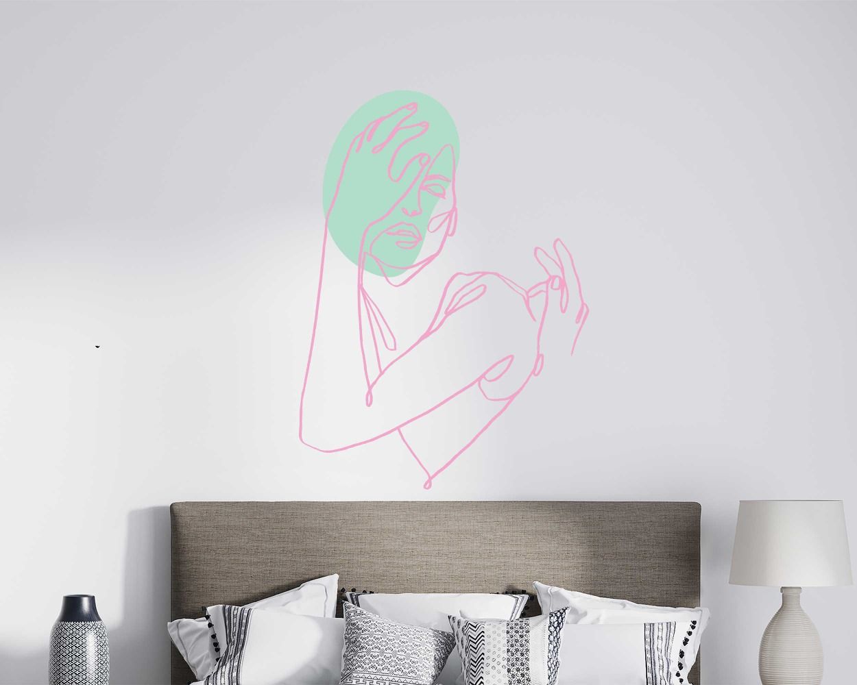 Beautiful Romantic Woman Face One Line Art Wall Stickers