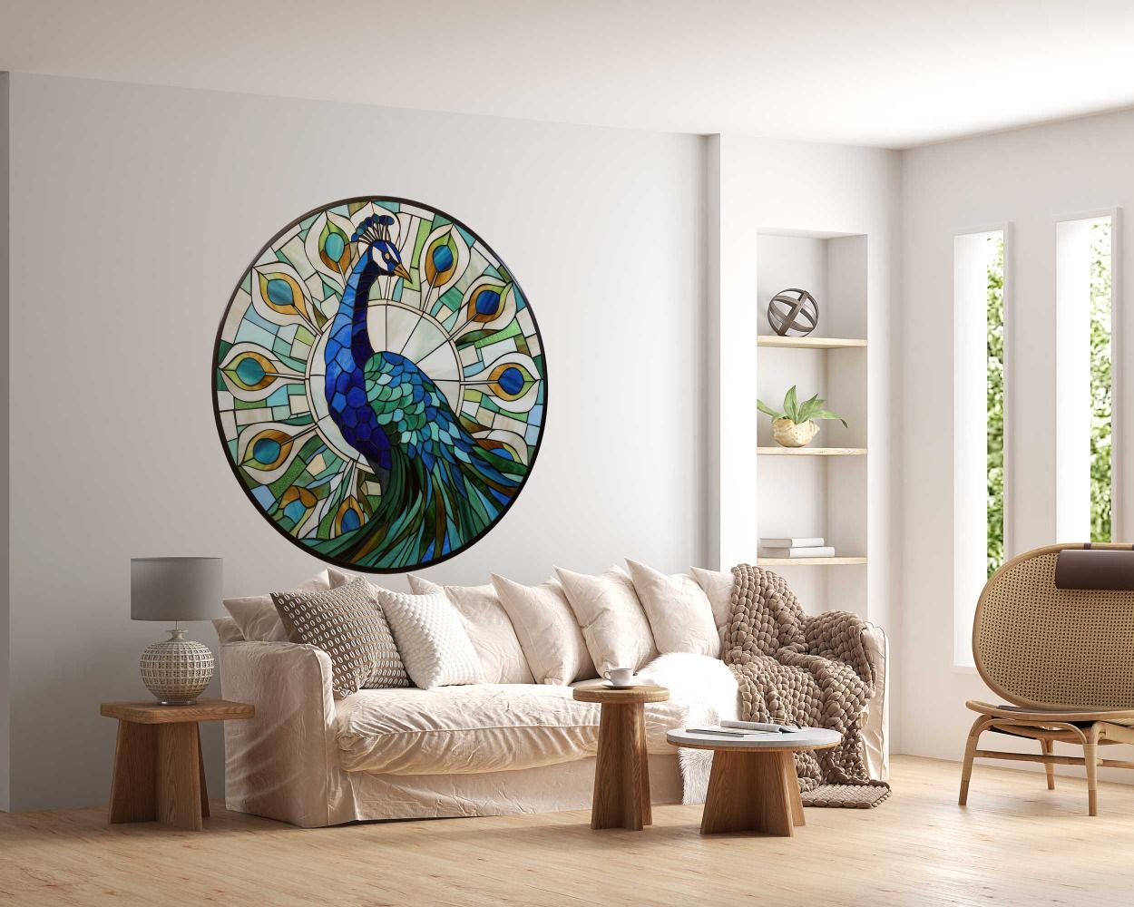 Best Beautiful Round Faux Stained Glass Peacock Design Wall Decals