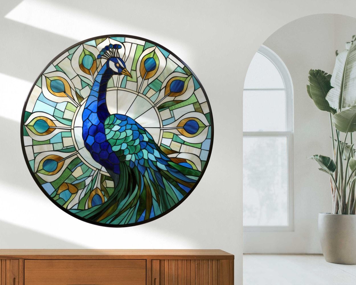 Best Beautiful Round Faux Stained Glass Peacock Design Wall Decals for Bedroom Decor