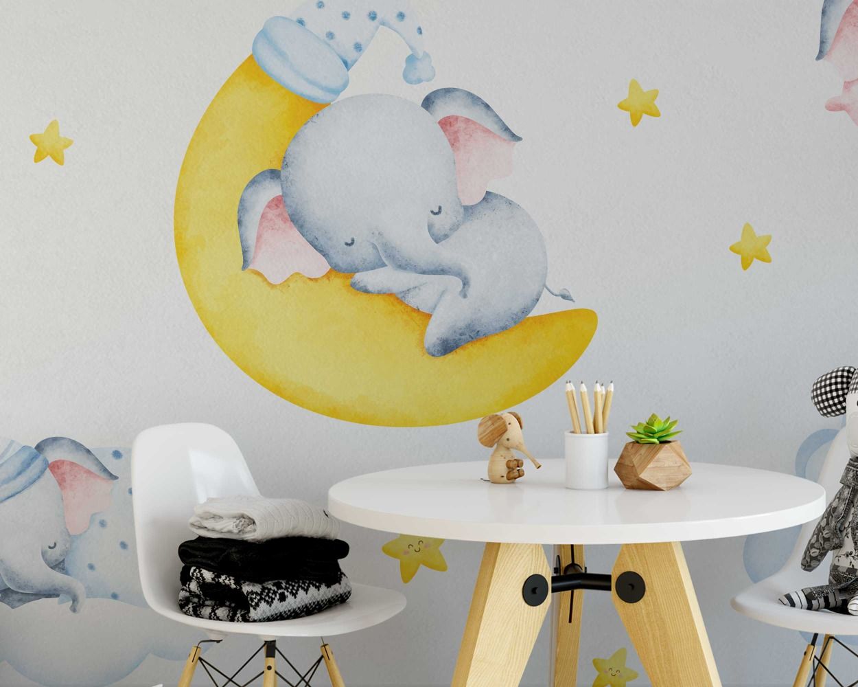 Sleeping Elephant On Moon Wall Decals For Kids Room Decoration