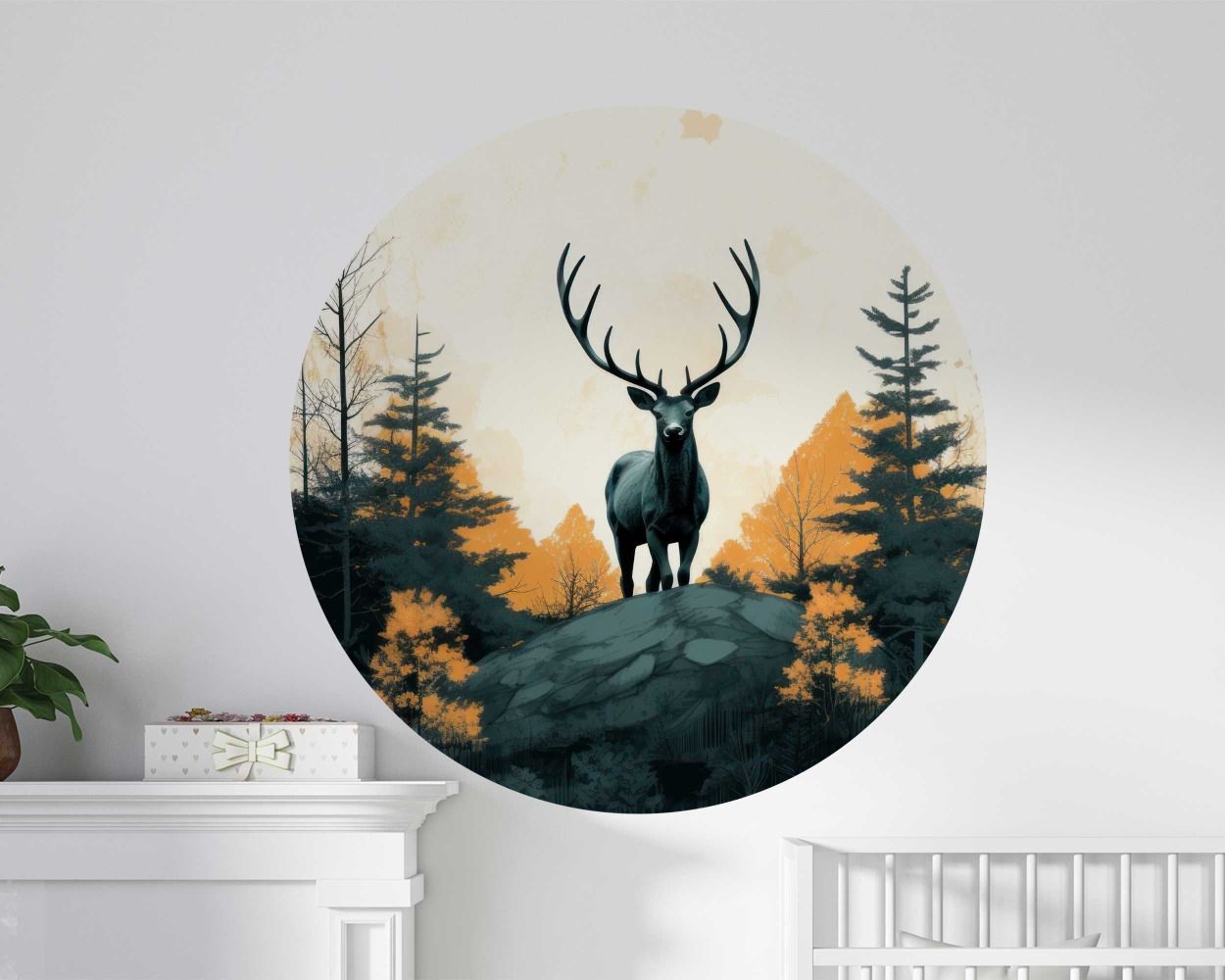 Big Deer In Pine Forest Night Moon Wall Sticker For Nursery Room Decoration 