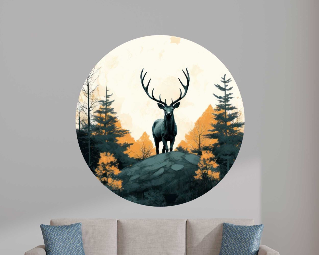 Big Deer In Pine Forest Night Moon Wall Stickers