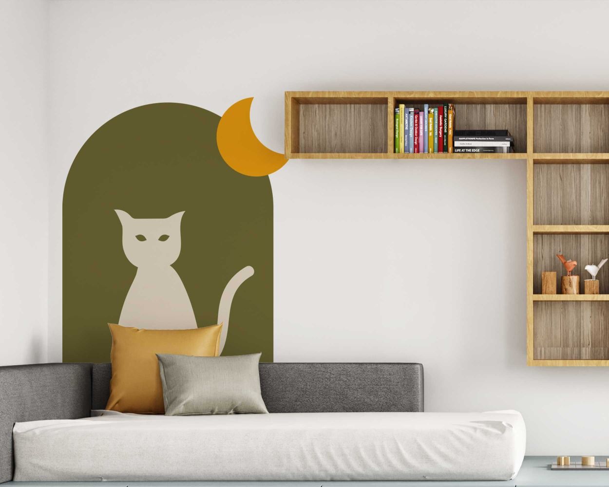 Bohemian Abstract Moon Cat And Arch Vinyl Wall Decals For Interior Decor 
