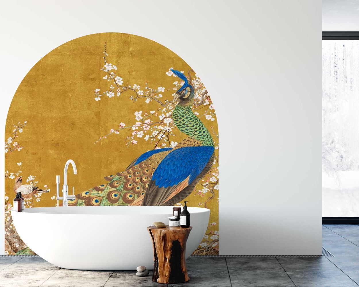 Peacock And Cherry Blossom Boho Gold Arch Wall Stickers