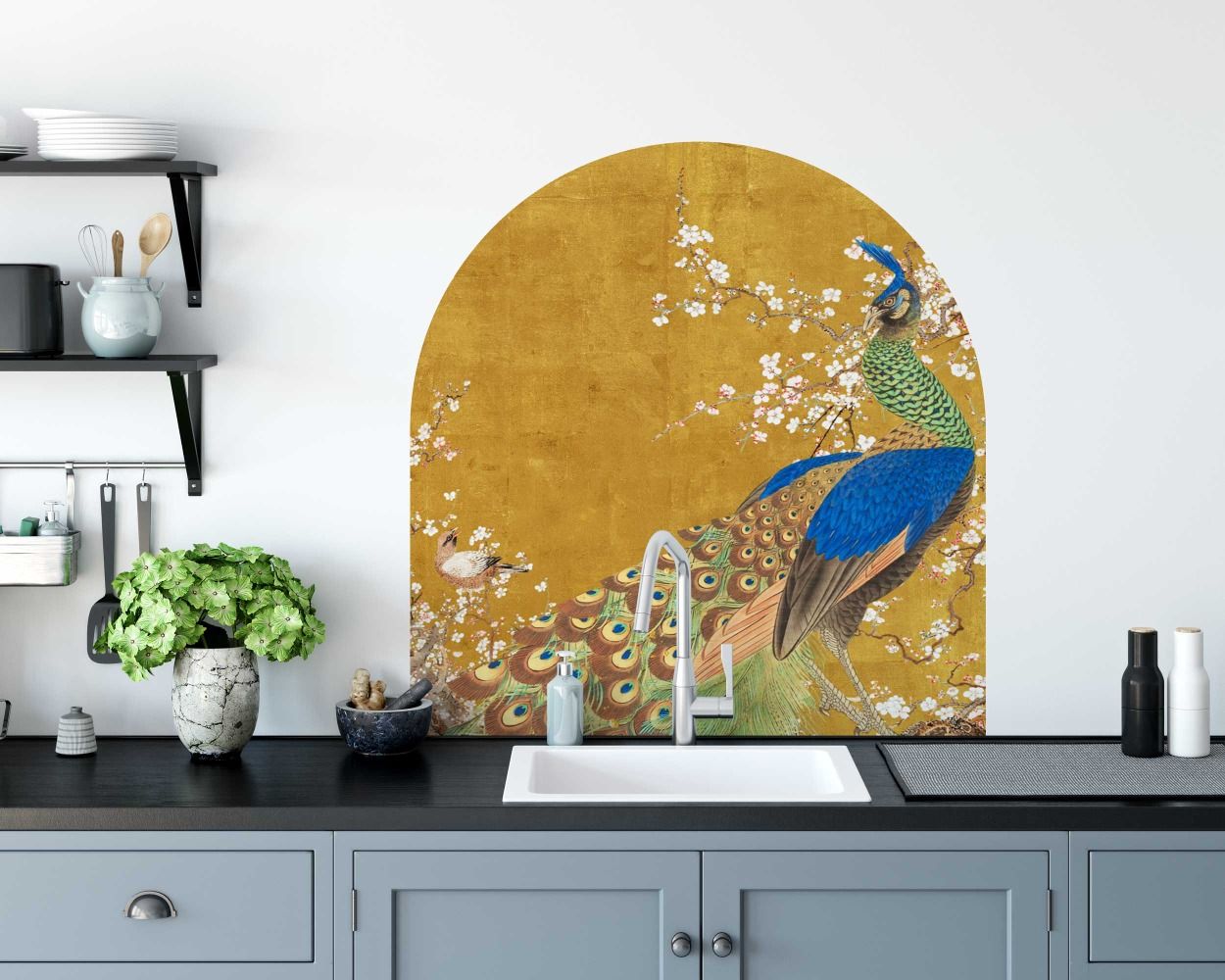 Peacock And Cherry Blossom Boho Gold Arch Wall Decals
