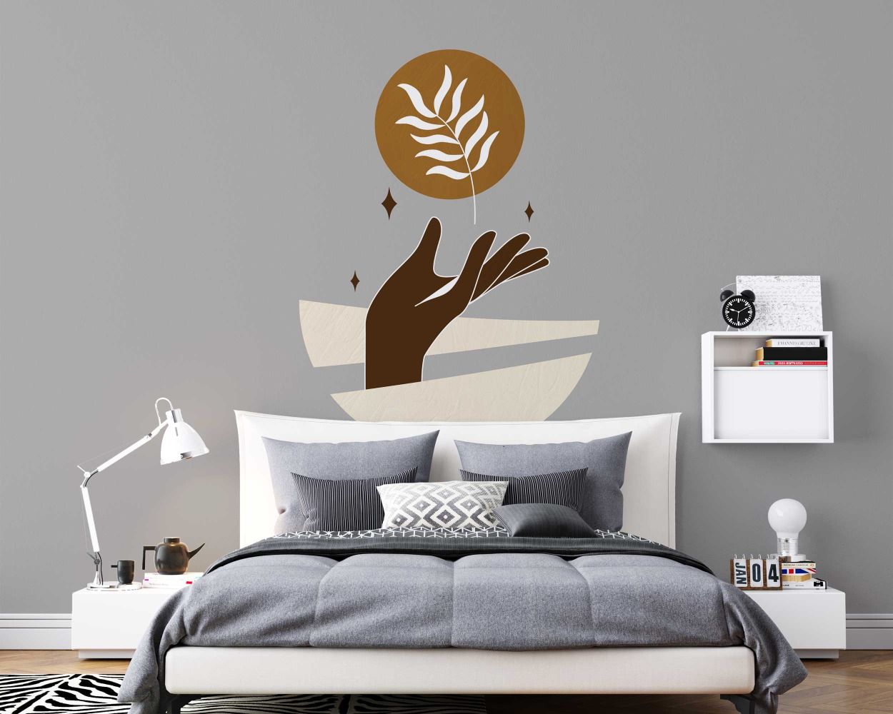 Hand Holding A Leaf With Circle Boho Wall Sticker For Interior Decoration