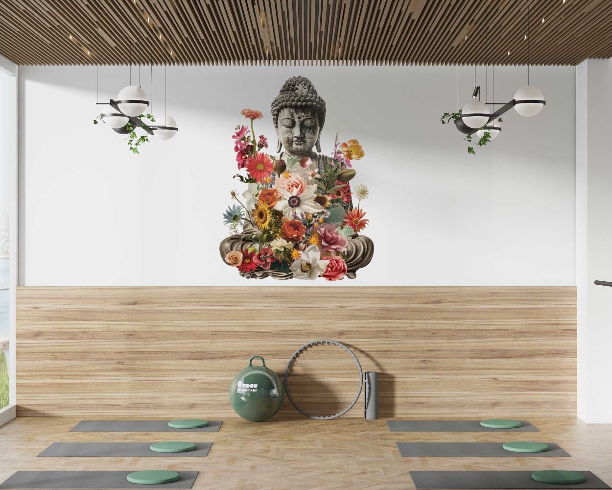 Buddha Statue and Flowers on Background Wall Decals