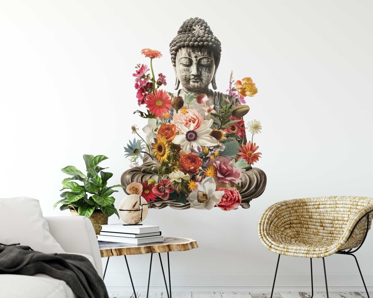 Buddha Statue and Flowers on Background Wall Decals for Living Room Decor