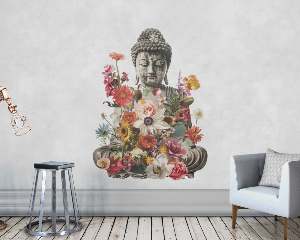 Buddha Statue and Flowers on Background Wall Stickers